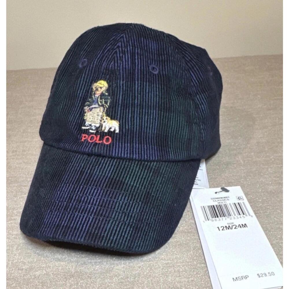 Ralph Lauren Boys Corduroy Baseball Cap Navy Plaid 12-24M Adjustable